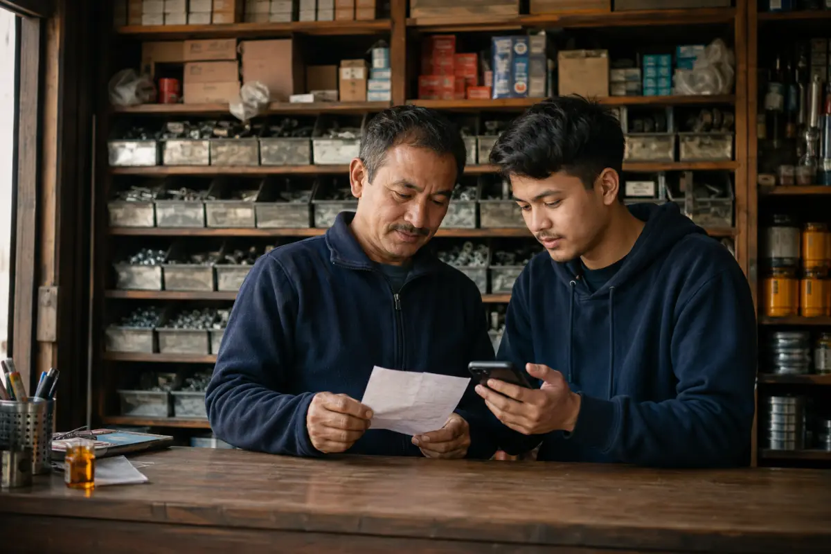 Two people checking a bill together at a hardware shop counter