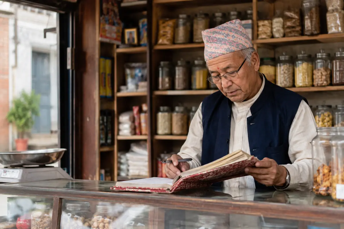 A kirana shopkeeper checking a traditional khata book