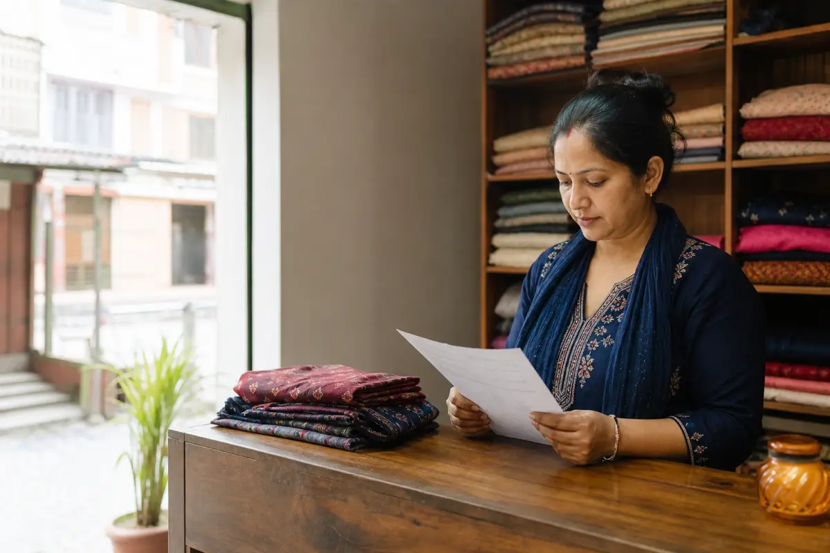 A clothing shop owner checking a printed bill at her counter