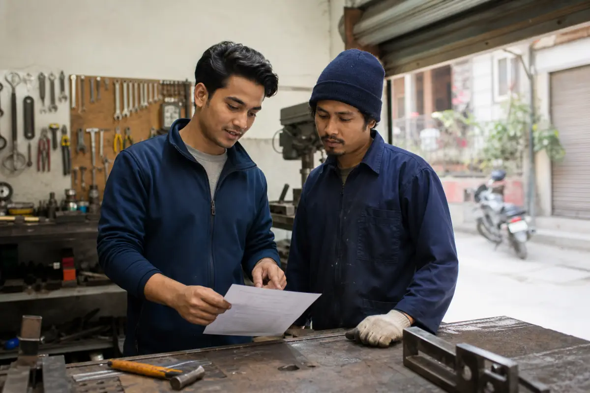 Two workshop workers checking a job bill together